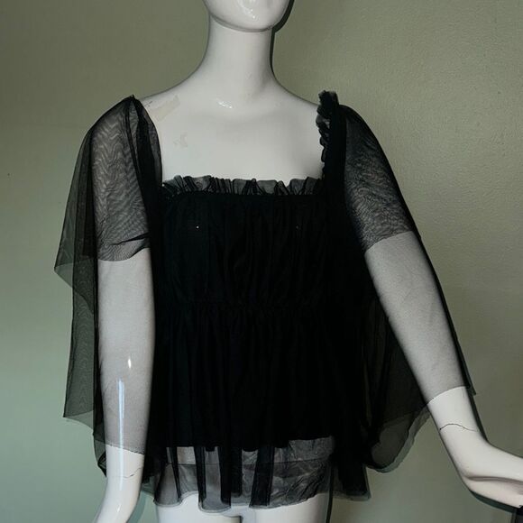 IMPULSIVE Black off the shoulder square neck sheer mesh top - Picture 1 of 6